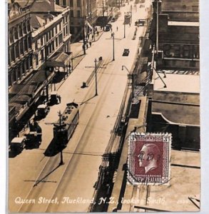 NEW ZEALAND KGV 3d Postcard *Queen St Auckland* Real Photo 1927 CARS TRAMS PJ76