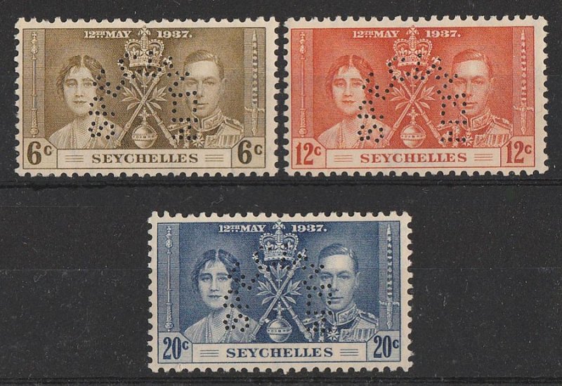 SEYCHELLES 1937 KGVI Coronation set 12c-20c perf SPECIMEN. MNH **.