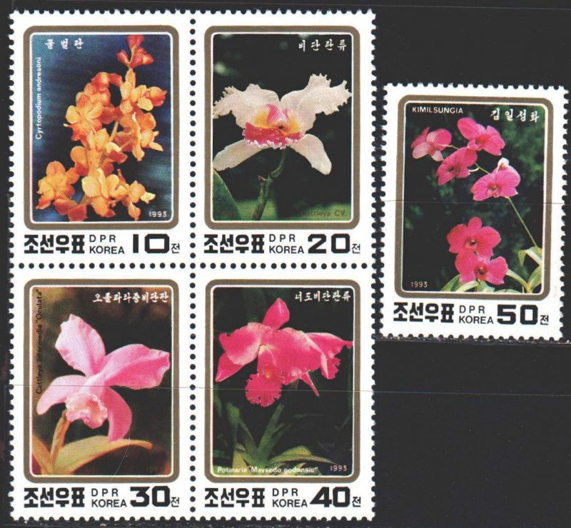 North Korea. 1993. 3495A-99A. orchids, flowers, flora. MNH.