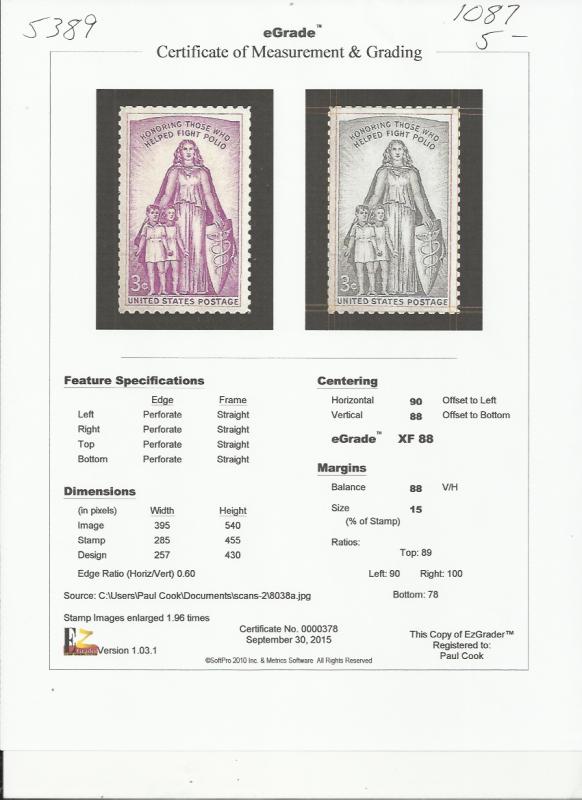 # 1087 MINT NEVER HINGED POLIO     XF+