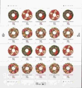 US Stamp - 1998 Christmas Wreaths - 20 Stamp Sheet - Scott #3249-52