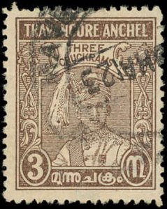 TRAVANCORE (INDIAN STATE) Sc 39 USED - 1939 3ch Sir Bala Rama Varma