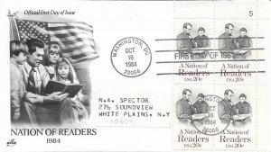 1984 FDC, #2106, 20c A Nation of Readers, Art Craft, plate block of 4