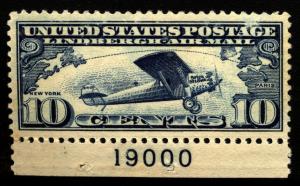 US Airmail Scott C10 Plate Number single Bottom 19000 VF  Mint  Hinged