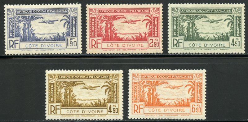 Ivory Coast Scott C1-C5 Unused HOG - 1940 Air Post Set - SCV $3.80