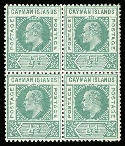 Cayman Islands 1902 KEVII ½d green block with DENTED FRAME variety VFM. SG 3,3a.