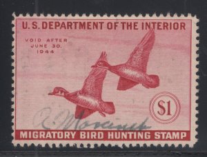 US Sc RW10 used 1943 $1 Wood Ducks, Duck Stamp sound & F-VF