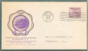 US 727 (1933) 3c Washington's headquarters(proclamation of peace between Britain and the USA) on an addressed (typed) Fi...