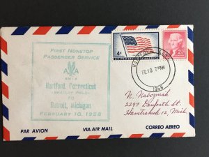 1958 American First Flight Cover AM 4 Non-stop Hartford, CT - Detroit, MI