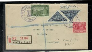 COSTA RICA COVER  (P0609BB)  1934 20C TRIANGLE STAMPS+5C+10C REG A/M TO ENGLAND 