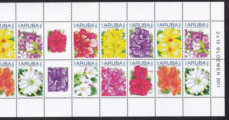 Aruba  #374   MNH  2011  sheet with 2  blocks of  10  + 2 labels   flowers