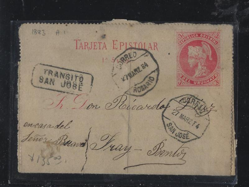 URUGUAY   (PP2604B)  1894  LETTER CARD   TRANSIT SAN JOSE TO BENTOS