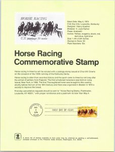 USPS SOUVENIR PAGE HORSE RACING COMMEMORATIVE STAMP 1974