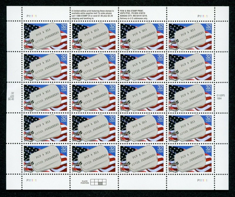 US Scott 2966 Prisoners and missing in Action Mint pane of 20 MNH 