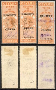 Ceylon Foreign Bill BF47 80c on 3r Orange 1st 2nd and 3rd Exchange