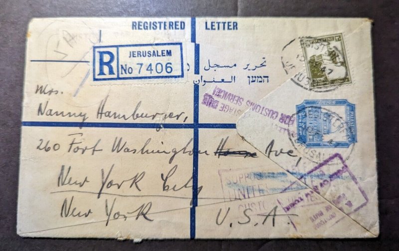 1947 Registered Letter Palestine Cover Jerusalem to New York NY USA Returned