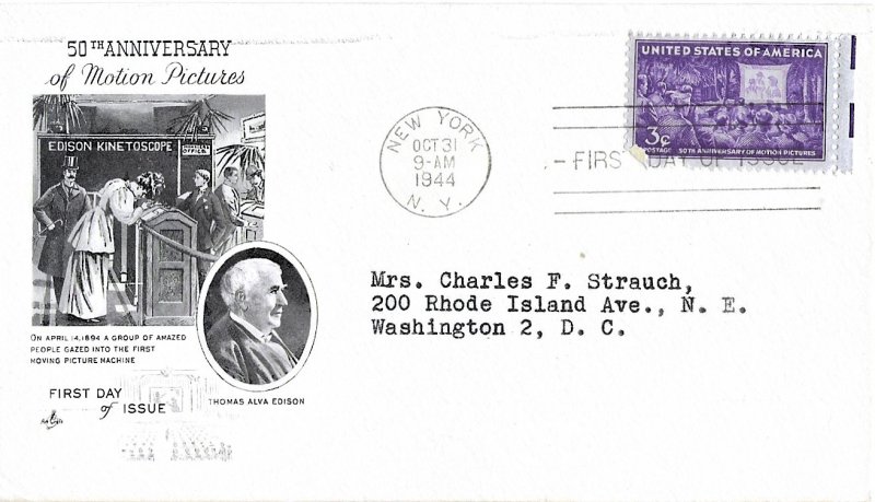1944 FDC, #926, 3c Motion Pictures, Art Craft - single/block of 4 - New York