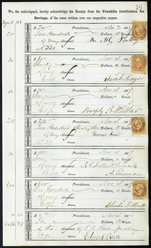 1867 Bank ledger page with R6c revenue stamps handstamp cancels L16