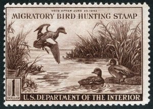 US Sc RW9 Violet Brown $1.00 1942 Hunting Permit Original Gum Never Hinged