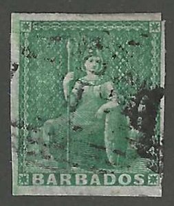 Barbados, 1858, Scott #5, 1/2p deep green, imperf., used, 3 1/2 margins