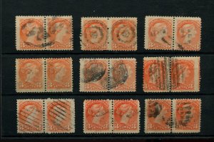 ?Nice pairs x 9 various cancels 3c Small Queen lot used Canada