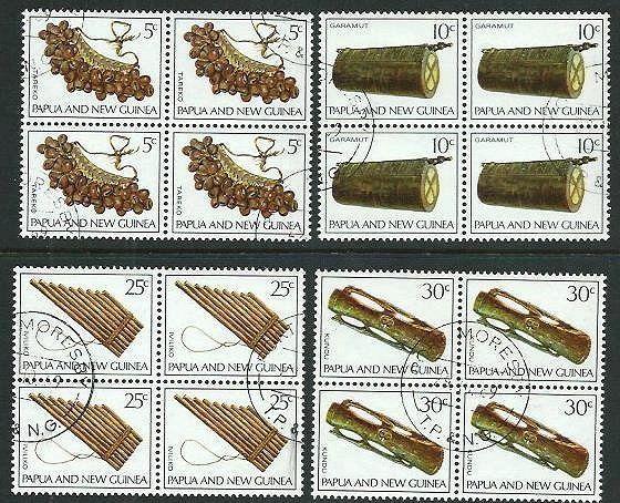 PAPUA NEW GUINEA 1969 Musical Instruments set blocks of 4 fine used.......66509a