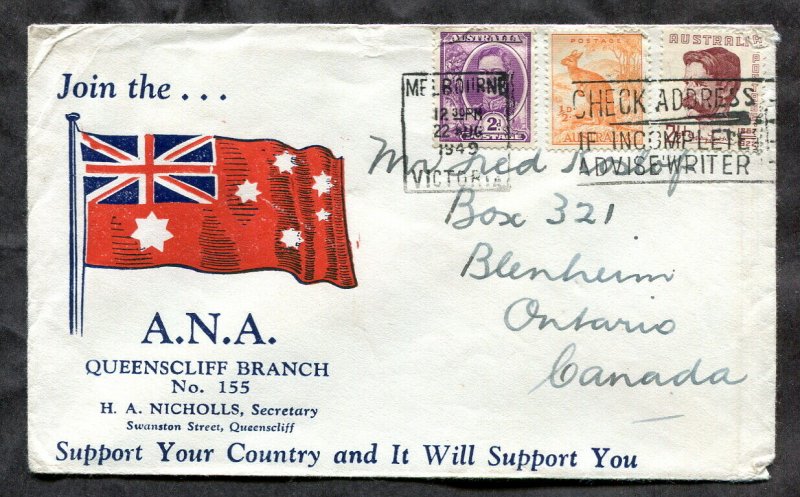 p284 - AUSTRALIA 1949 ANA Natives Association Cover to Canada. Slogan Cancel