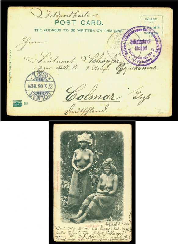 German Colonies SOUTH WEST AFRICA 1906 Soldier's DSWA FIELDPOST card to Colmar