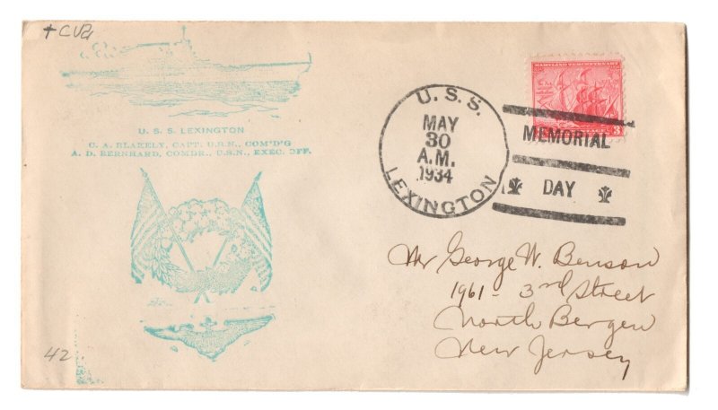 USS Lexington CV-2 Carrier (Sank) • 5/30/34 MEMORIAL DAY Locy 3s(A) Naval Cover