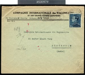 Belgium WW2 Cover UNDERCOVER ADDRESS *Wagons-Lits* STOCKHOLM Sweden 1943 MS979