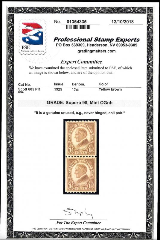 605 Mint,OG,NH... Pair... PSE Graded 98 Superb... SMQ $275.00... Only 2 higher