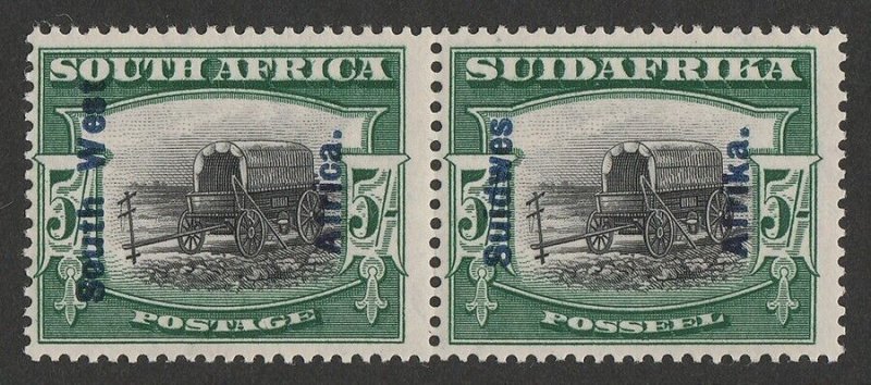 SOUTH WEST AFRICA 1927 Ox Wagon 5/- black & green, bilingual pair. MNH **.  