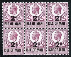 Isle of Man 1921 KGV 2d on 2d Revenue Stamp U/M Block of Six