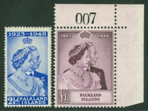 SG 166/7 Falkland Island 1948 Silver Jubilee set. £1 value being corner...