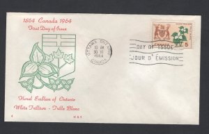 Canada #418  (1964 Ontario Trillium flower)  FDC H&E cachet unaddressed