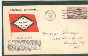 US 782 1936 3c Arkansas Centennial (single) on an addressed FDC with a Grandy cachet