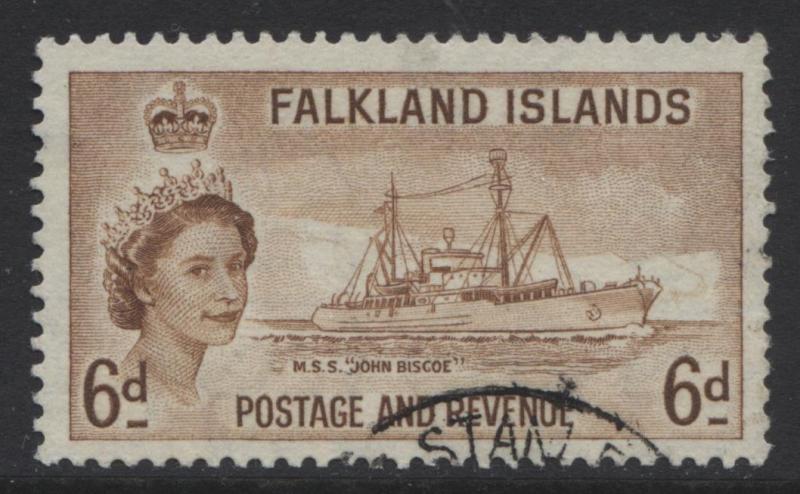 Falkland Is.- Scott 125- Ship John Biscoe - 1955- VFU - Lt Brown - 6d Stamp