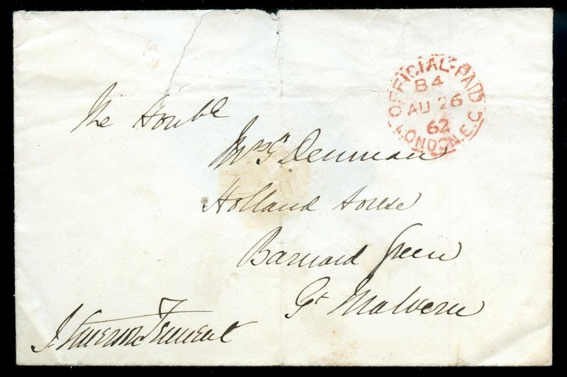 Britain 1862 Official Paid w/1st Baronet Sir James Emerson Tennent's Signature