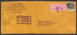 PUERTO RICO USA 814 (x2) & 820 PREXY STAMPS WAR DEP OFFICE REGISTERED COVER 1945