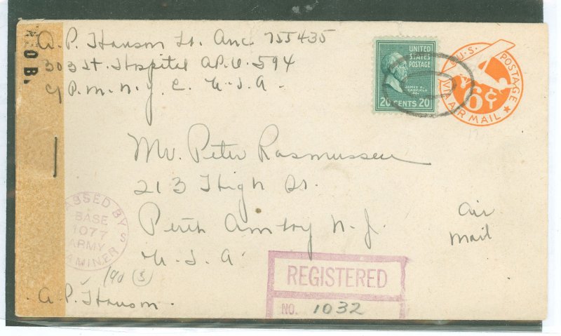 US 825 825 on 6c Env. paying airmail postage plus registry fee, Postmarked U S Army Postal Service, APO 694, Dec 11, 1944.  Smal