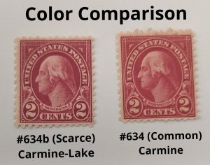 Scott Stamp# 634b-1926 2¢ Washington Scarce Carmine-Lake.  MLH, OG. SCV $180.00