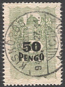 HUNGARY 1945 50p on 50f revenue, Barefoot #472 Used VF, KISKOROS postal cancel