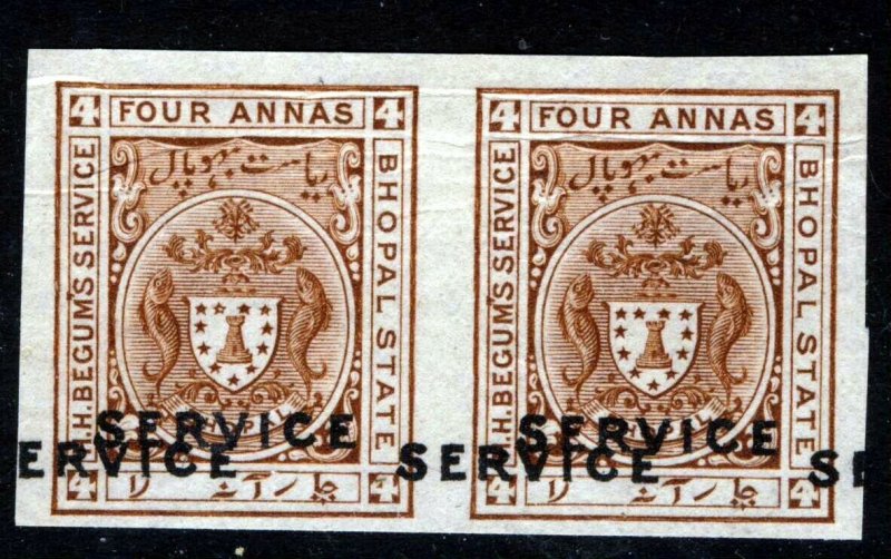 BHOPAL STATE INDIA 1908 OFFICIAL 4 As. PAIR WITH DOUBLED OVERPRINT SG O308b MINT