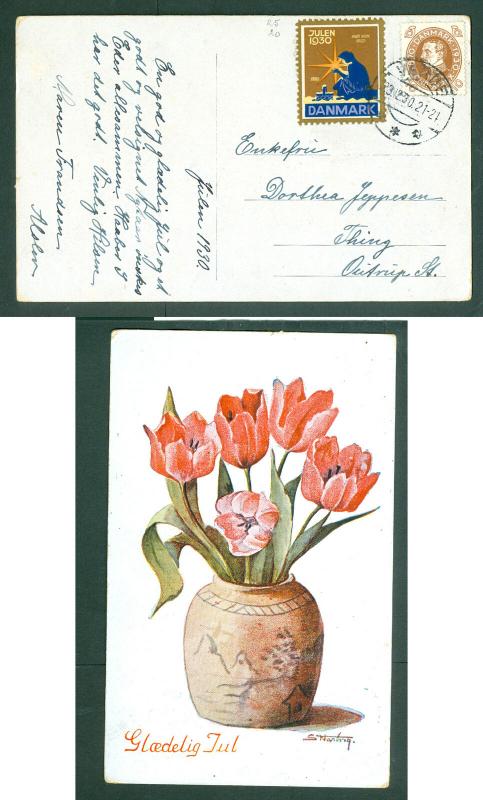 Denmark. Christmas Card 1930 With Seal + 10 Ore King. Varde. Flowers. Adr: