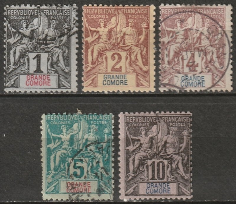 Grand Comoro 1897 Sc 1-5 set low values used/MH* small thins