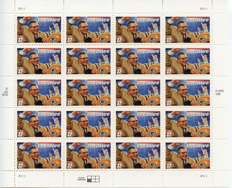 UNITED STATES SCOTT #3149 VINCE LOMBARDI FOOTBALL  COMPLETE SHEET(20) MINT NH