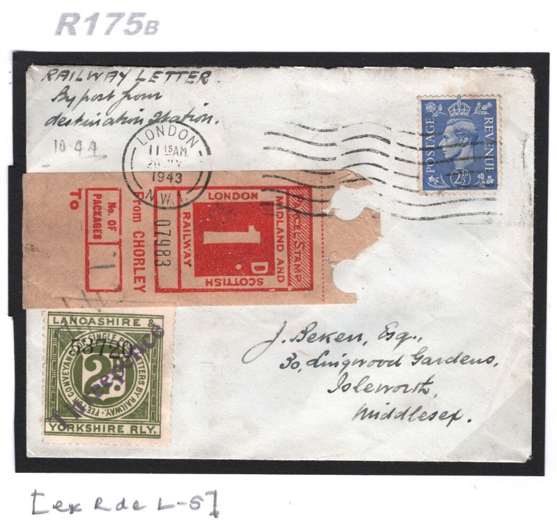 GB KGVI WW2 1943 Cover LMS RAILWAY Late Use 3d LANCS & YORKS Letter Stamp R175b 