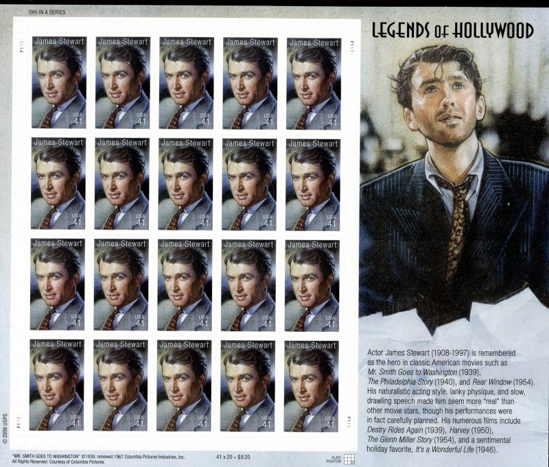 SCOTT #4197 LEGENDS OF HOLLYWOOD - JAMES STUART 20 PERFORATED STAMP SHEET