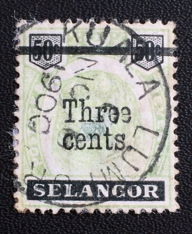 Malaya 1900 Selangor Tiger Three cents on 50c Antique t Fine Used SG#67a M3970 