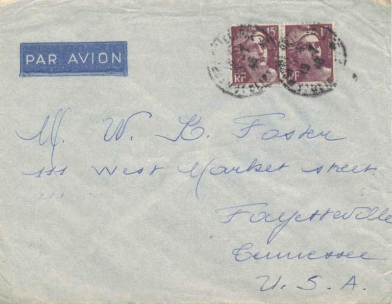 France 15F Marianne (2) 1946 Reims-Principal Airmail to Fayetteville, Tenn.  ...